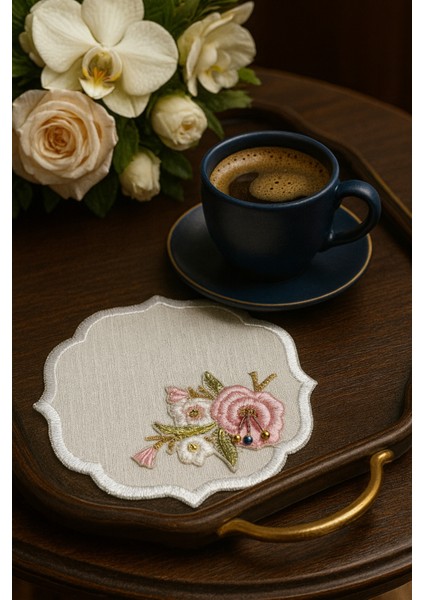 Pudra Çiçek Nakışlı Zarif Kahve Sunum Peçetesi – El Işçiliği Premium Model modelleri