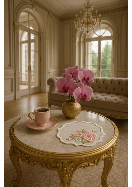 Pudra Çiçek Nakışlı Zarif Kahve Sunum Peçetesi – El Işçiliği Premium Model fırsatları