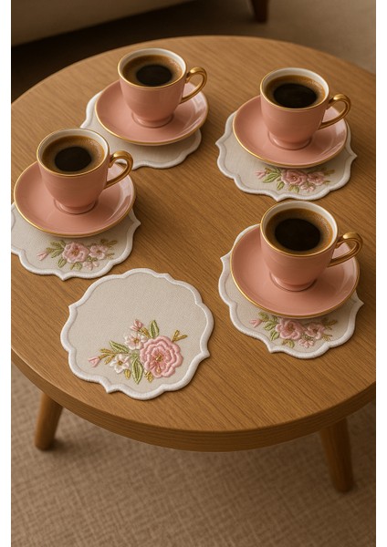 Pudra Çiçek Nakışlı Zarif Kahve Sunum Peçetesi – El Işçiliği Premium Model indirimleri