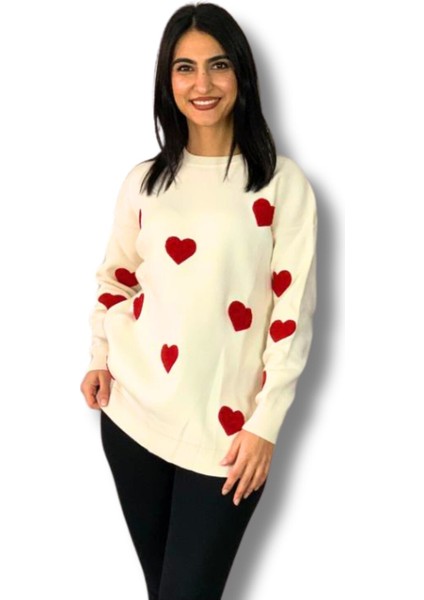 Kadın Bisiklet Yaka Kalpli Triko Kazak Krem M fiyatları