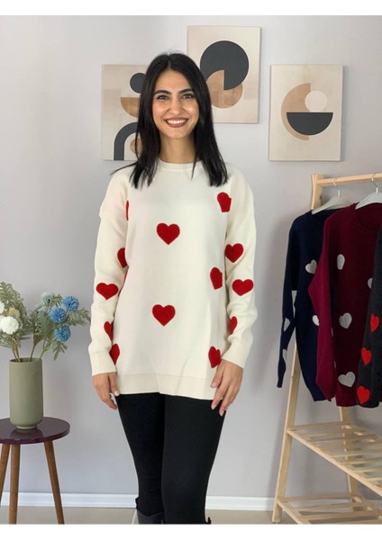 Kadın Bisiklet Yaka Kalpli Triko Kazak Krem M fırsatları