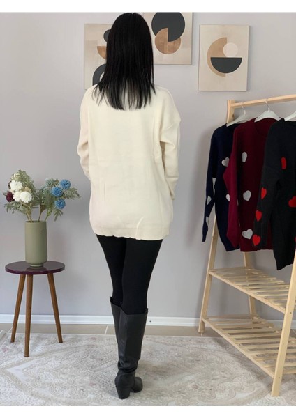 Kadın Bisiklet Yaka Kalpli Triko Kazak Krem M indirimleri