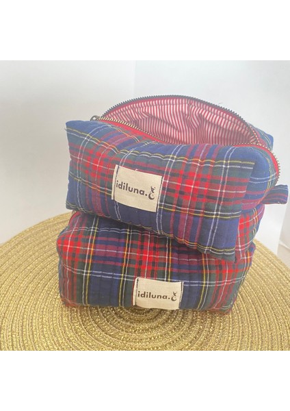 Lacivert Ekose Kumaş, Kapitoneli ve Astarlı Şık Makyaj Çantası fiyatları