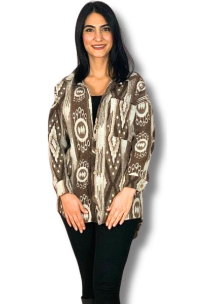 Kadın Tek Cepli Desenli Kalın Oduncu Ceket Gömlek (Kahve-Krem) St