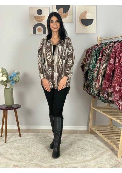 Kadın Tek Cepli Desenli Kalın Oduncu Ceket Gömlek (Kahve-Krem) St fiyatları