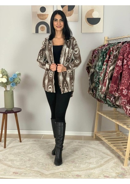 Kadın Tek Cepli Desenli Kalın Oduncu Ceket Gömlek (Kahve-Krem) St modelleri
