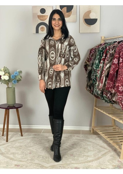 Kadın Tek Cepli Desenli Kalın Oduncu Ceket Gömlek (Kahve-Krem) St fırsatları