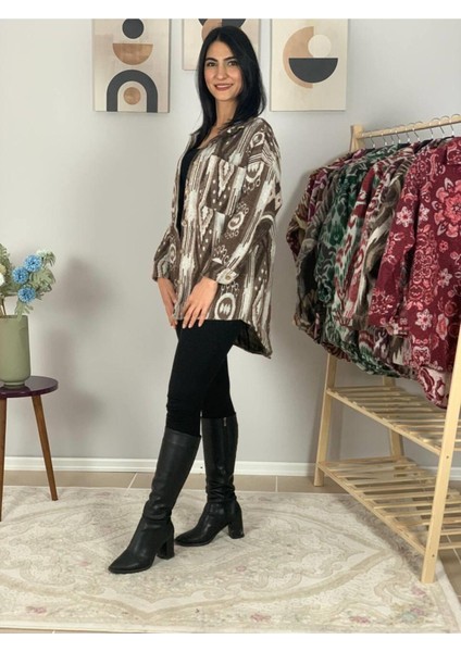 Kadın Tek Cepli Desenli Kalın Oduncu Ceket Gömlek (Kahve-Krem) St indirimleri