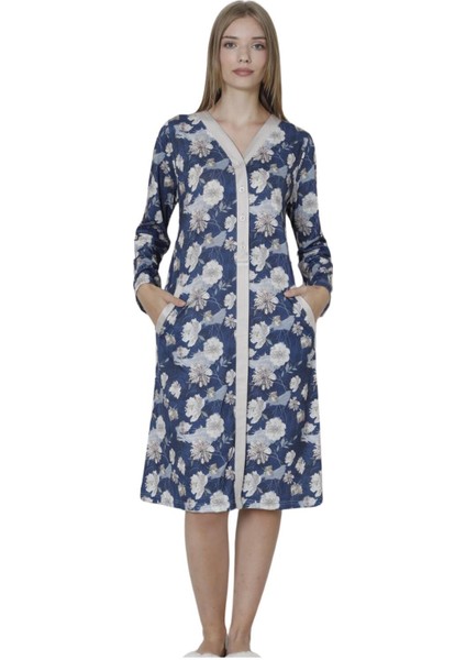 Viskon Desenli Lacivert Ev Elbisesi %100 Pamuk 2xl Lacive
