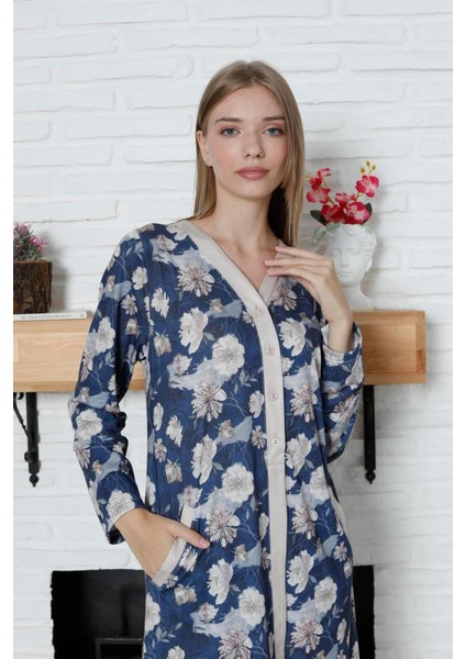 Viskon Desenli Lacivert Ev Elbisesi %100 Pamuk 2xl Lacive modelleri