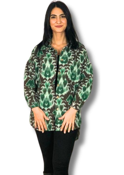Kadın Tek Cepli Desenli Kalın Oduncu Ceket Gömlek (Kahve-Yeşil) S
