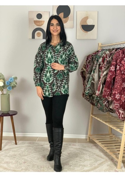 Kadın Tek Cepli Desenli Kalın Oduncu Ceket Gömlek (Kahve-Yeşil) S fırsatları