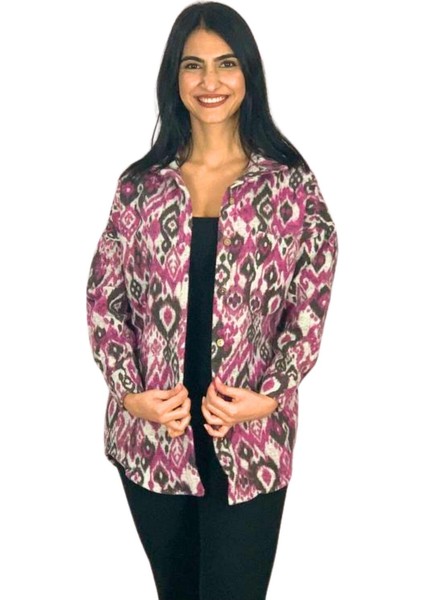 Kadın Tek Cepli Desenli Kalın Oduncu Ceket Gömlek (Fuşya-Füme) St