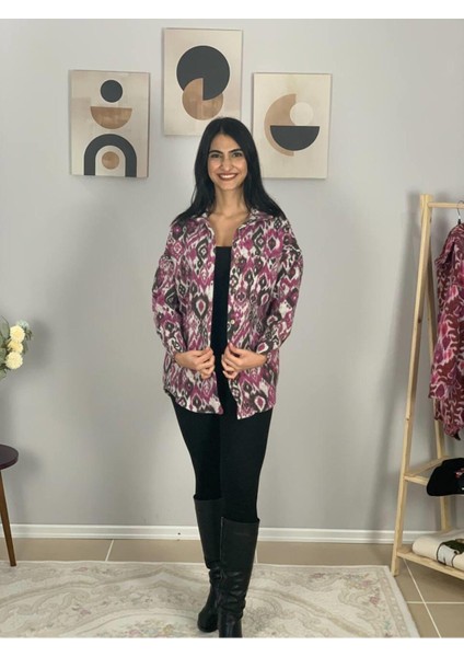 Kadın Tek Cepli Desenli Kalın Oduncu Ceket Gömlek (Fuşya-Füme) St modelleri