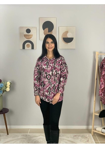Kadın Tek Cepli Desenli Kalın Oduncu Ceket Gömlek (Fuşya-Füme) St fırsatları