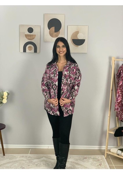 Kadın Tek Cepli Desenli Kalın Oduncu Ceket Gömlek (Fuşya-Füme) St indirimleri