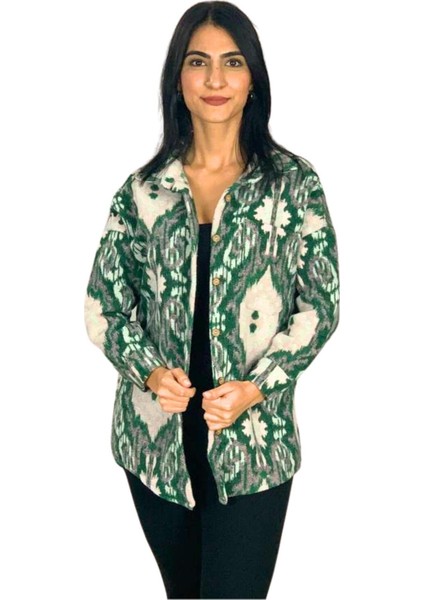 Kadın Tek Cepli Desenli Kalın Oduncu Ceket Gömlek (Yeşil-Beyaz) S