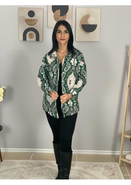 Kadın Tek Cepli Desenli Kalın Oduncu Ceket Gömlek (Yeşil-Beyaz) S modelleri