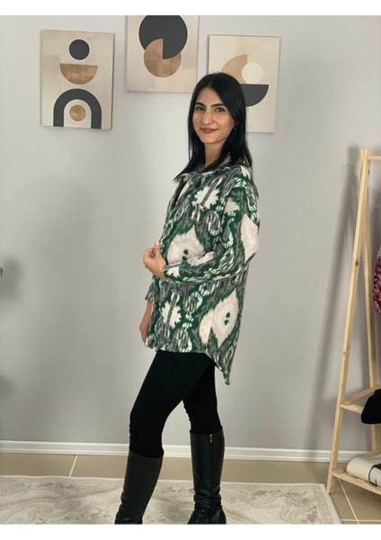 Kadın Tek Cepli Desenli Kalın Oduncu Ceket Gömlek (Yeşil-Beyaz) S indirimleri