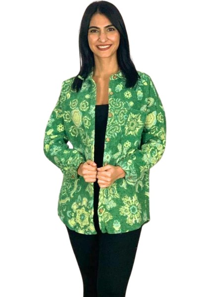 Kadın Tek Cepli Desenli Kalın Oduncu Ceket Gömlek (Yeşil) Standar