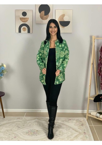 Kadın Tek Cepli Desenli Kalın Oduncu Ceket Gömlek (Yeşil) Standar fiyatları