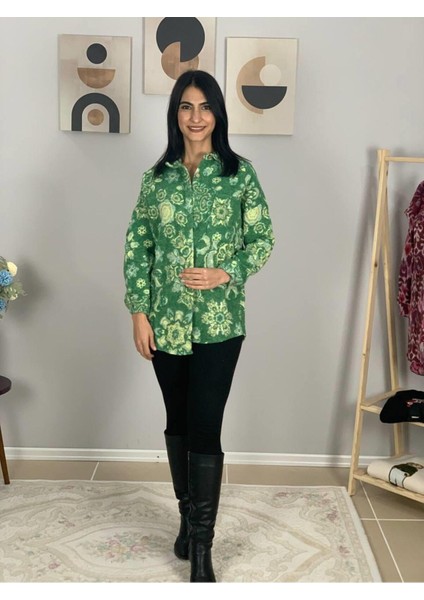 Kadın Tek Cepli Desenli Kalın Oduncu Ceket Gömlek (Yeşil) Standar modelleri