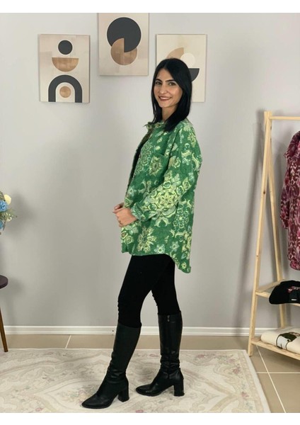 Kadın Tek Cepli Desenli Kalın Oduncu Ceket Gömlek (Yeşil) Standar indirimleri