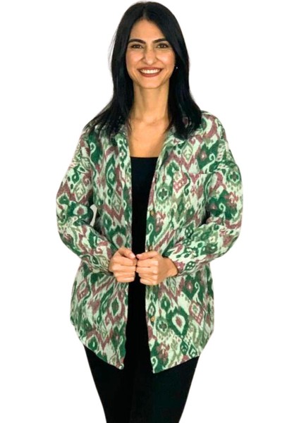 Kadın Tek Cepli Desenli Kalın Oduncu Ceket Gömlek (Yeşil-Kahve) S