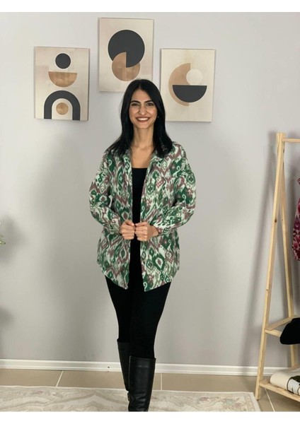 Kadın Tek Cepli Desenli Kalın Oduncu Ceket Gömlek (Yeşil-Kahve) S fırsatları