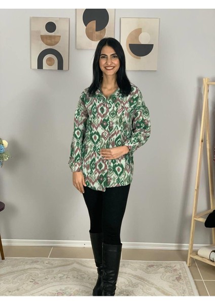 Kadın Tek Cepli Desenli Kalın Oduncu Ceket Gömlek (Yeşil-Kahve) S indirimleri
