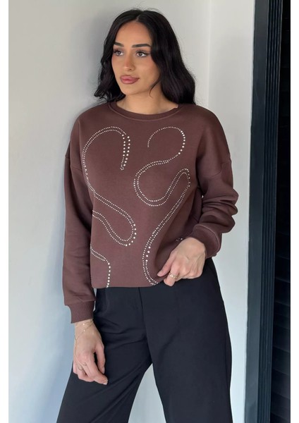 Kadın Taşlı Bisiklet Yaka Şardonlu Sweatshirt P-00019311