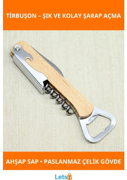 Ahşap Paslanmaz Çelik Ergonomik Tirbuşon Açacak