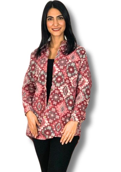 Kadın Tek Cepli Desenli Kalın Oduncu Ceket Gömlek (Pembe-Gri) Sta