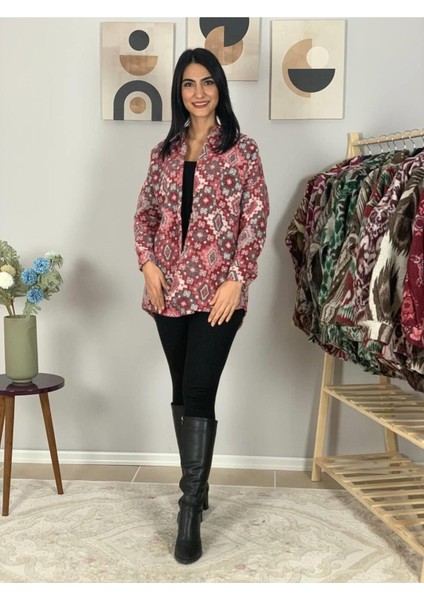 Kadın Tek Cepli Desenli Kalın Oduncu Ceket Gömlek (Pembe-Gri) Sta modelleri