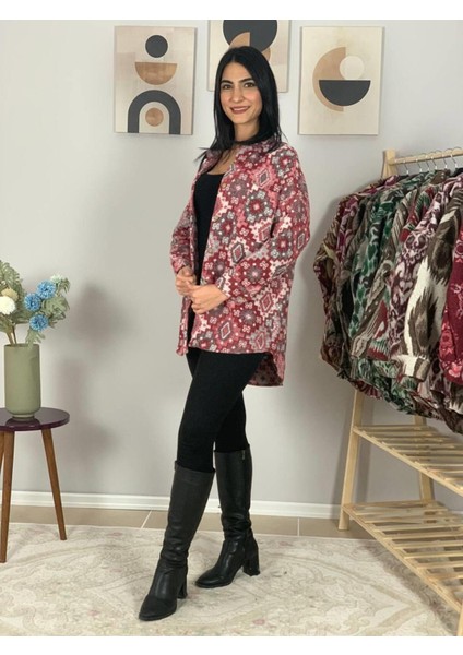 Kadın Tek Cepli Desenli Kalın Oduncu Ceket Gömlek (Pembe-Gri) Sta indirimleri