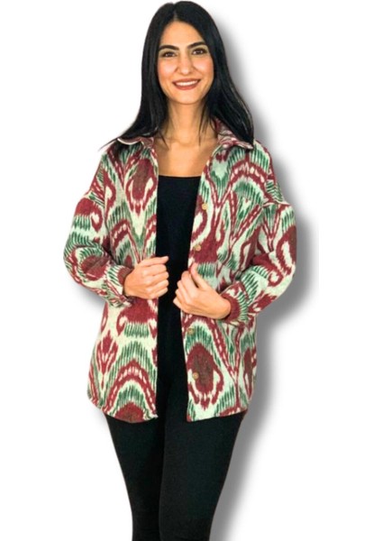 Kadın Tek Cepli Desenli Kalın Oduncu Ceket Gömlek (Yeşil-Bordo) S