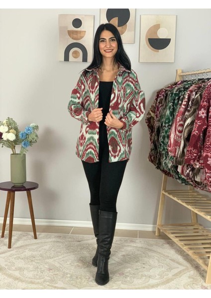 Kadın Tek Cepli Desenli Kalın Oduncu Ceket Gömlek (Yeşil-Bordo) S fiyatları