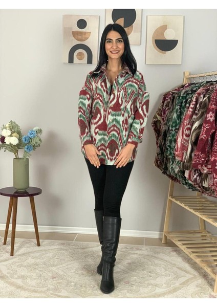 Kadın Tek Cepli Desenli Kalın Oduncu Ceket Gömlek (Yeşil-Bordo) S indirimleri