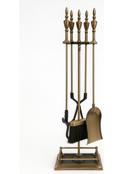 5’li Antik Pirinç Dövme Demir Şömine Alet Aksesuar Bakım Seti – Standlı, Dayanıklı ve Dekoratif
