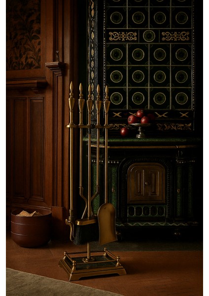 5’li Antik Pirinç Dövme Demir Şömine Alet Aksesuar Bakım Seti – Standlı, Dayanıklı ve Dekoratif modelleri