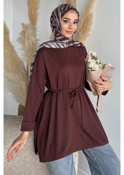 Bisiklet Yaka Yan Yırtmaç Detaylı Bel Bağlamalı Tesettür Tunik P-00019263 fiyatları