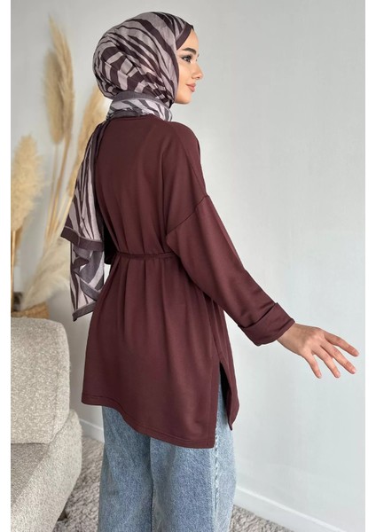 Bisiklet Yaka Yan Yırtmaç Detaylı Bel Bağlamalı Tesettür Tunik P-00019263 modelleri