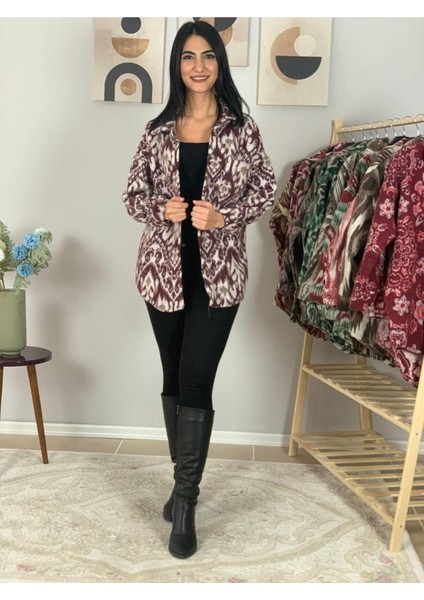 Kadın Tek Cepli Desenli Kalın Oduncu Ceket Gömlek (Mor-Beyaz) Sta fiyatları