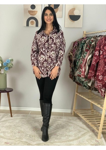 Kadın Tek Cepli Desenli Kalın Oduncu Ceket Gömlek (Mor-Beyaz) Sta modelleri