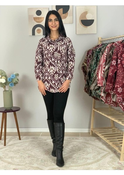 Kadın Tek Cepli Desenli Kalın Oduncu Ceket Gömlek (Mor-Beyaz) Sta fırsatları