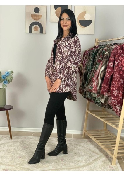 Kadın Tek Cepli Desenli Kalın Oduncu Ceket Gömlek (Mor-Beyaz) Sta indirimleri