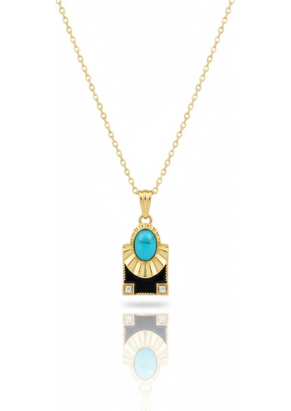 Çelik Firuze Taşlı Mistik Kolye Siyah Detaylı Kararmaz Takı