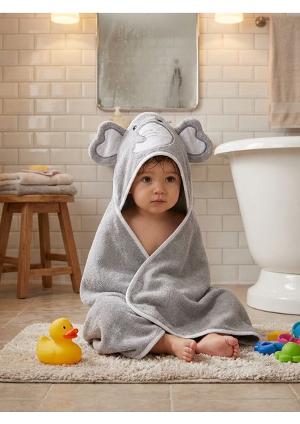 %100 Pamuk Fil Nakışlı Bebek Havlu Kundak 75X75 cm Elephant Gri