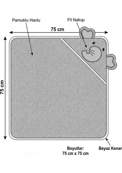 %100 Pamuk Fil Nakışlı Bebek Havlu Kundak 75X75 cm Elephant Gri modelleri