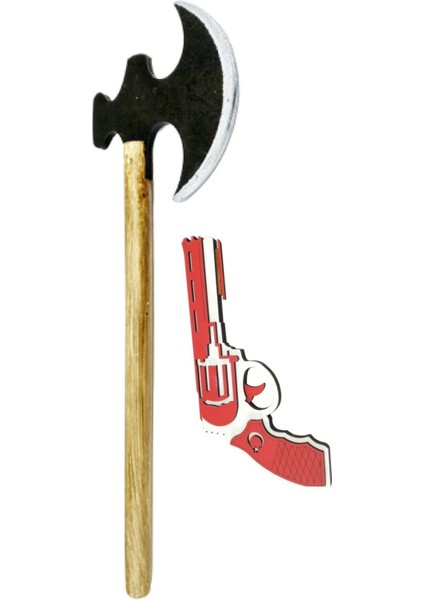 Kırmızı Ahşap Oyuncak Seti: Balta ve Lastik Atan Tabanca Ile Eğlence